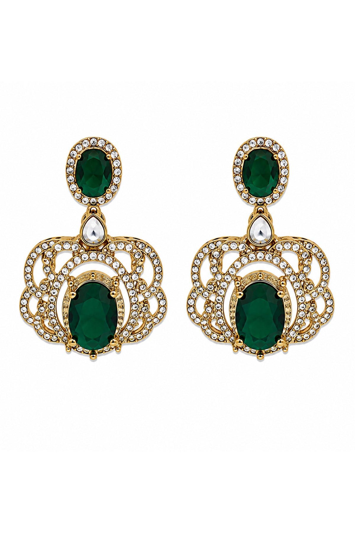 Gold Plated Moissanite Polki & Emerald Green Stone Layered Necklace Set