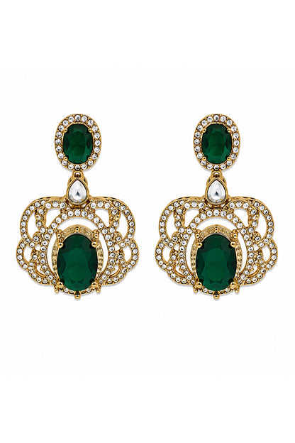 Gold Plated Moissanite Polki & Emerald Green Stone Layered Necklace Set