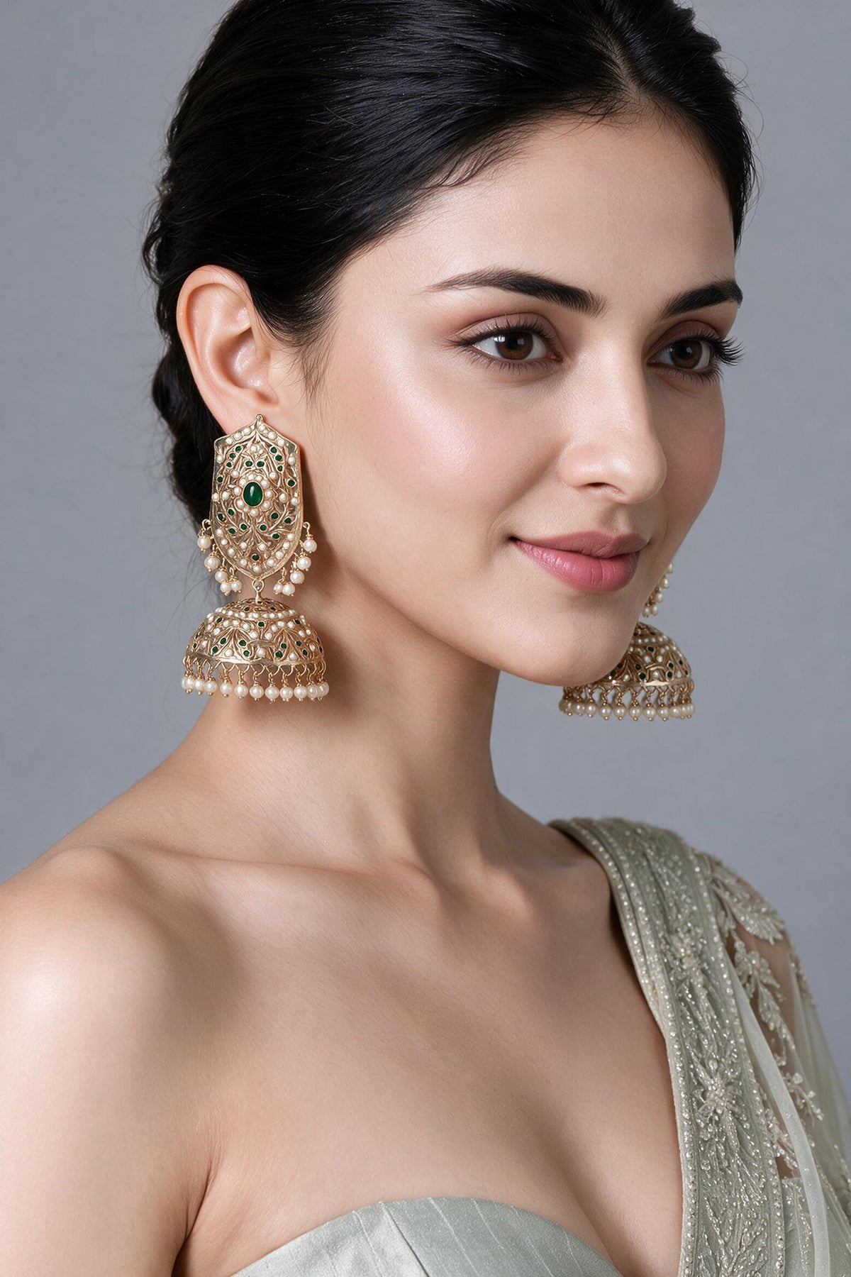 Gold Plated Emerald Stone & Pearl Jadau Jhumka Earrings