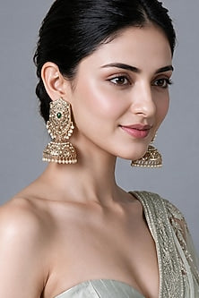 Gold Plated Emerald Stone & Pearl Jadau Jhumka Earrings