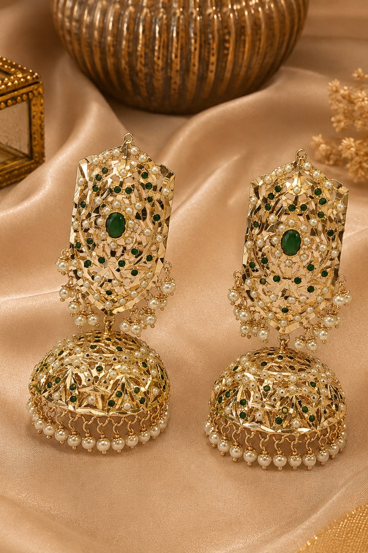 Gold Plated Emerald Stone & Pearl Jadau Jhumka Earrings