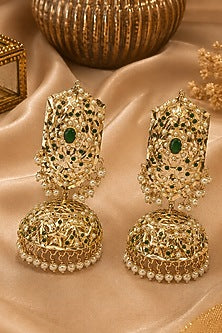 Gold Plated Emerald Stone & Pearl Jadau Jhumka Earrings