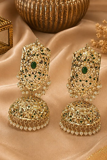 Gold Plated Emerald Stone & Pearl Jadau Jhumka Earrings