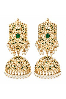 Gold Plated Emerald Stone & Pearl Jadau Jhumka Earrings