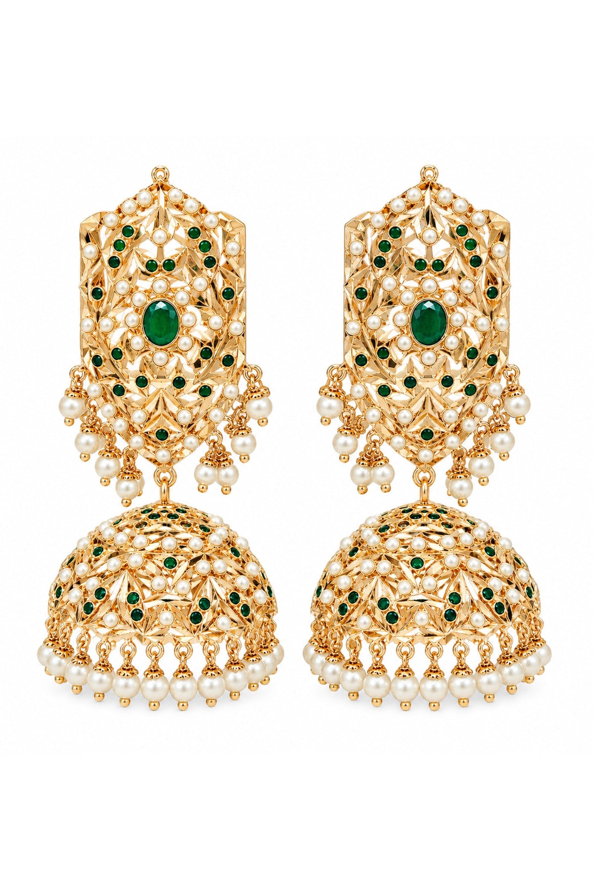 Gold Plated Emerald Stone & Pearl Jadau Jhumka Earrings