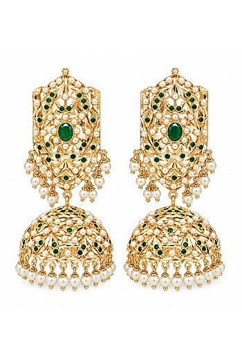 Gold Plated Emerald Stone & Pearl Jadau Jhumka Earrings