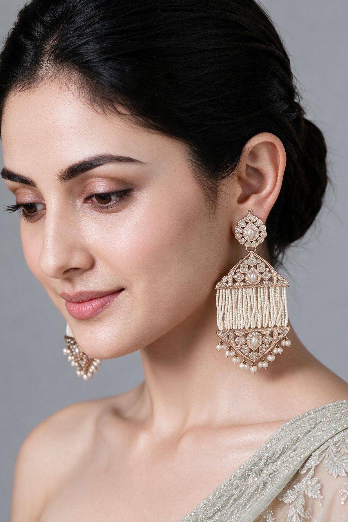 Gold Plated Pearl Tassel Strand Jadau Floral Dangler Earrings