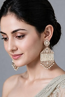 Gold Plated Pearl Tassel Strand Jadau Floral Dangler Earrings