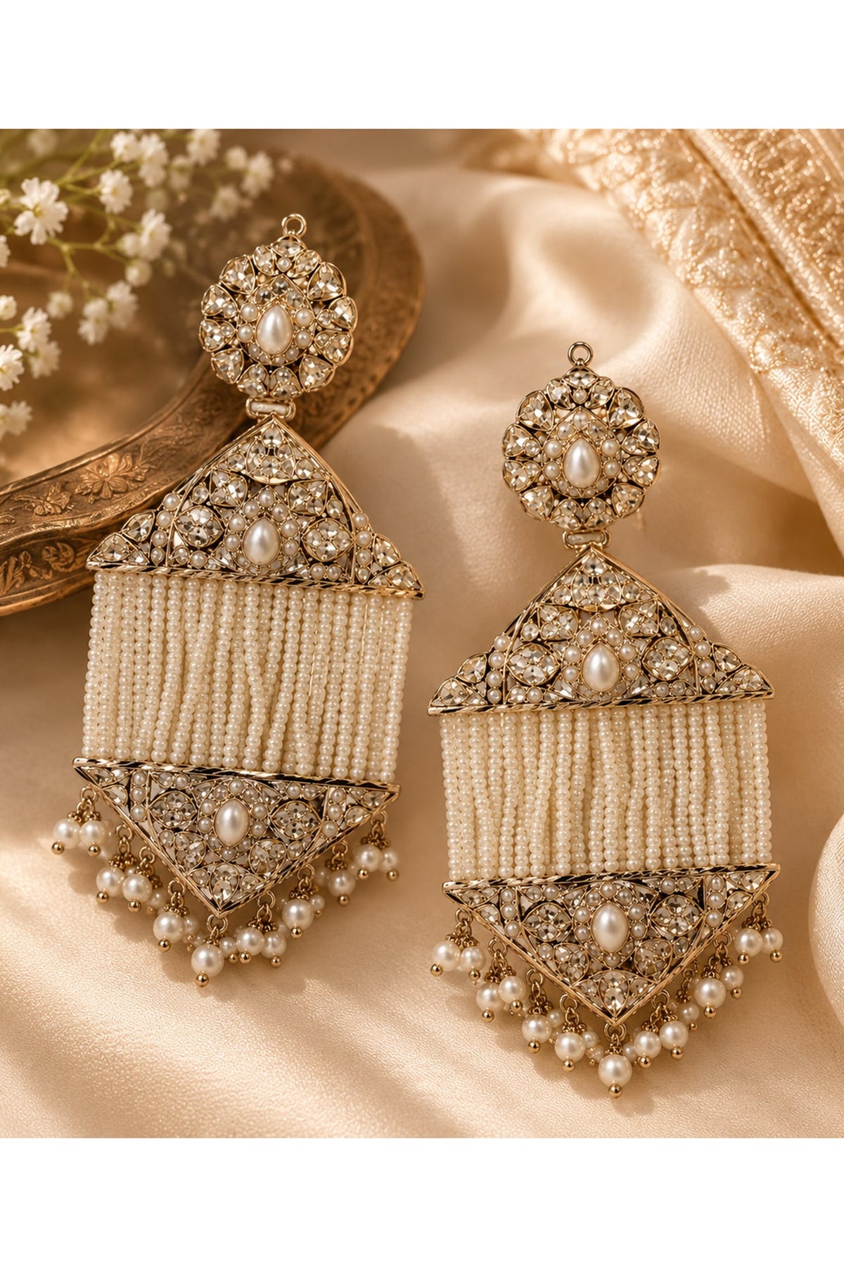 Gold Plated Pearl Tassel Strand Jadau Floral Dangler Earrings