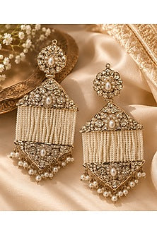 Gold Plated Pearl Tassel Strand Jadau Floral Dangler Earrings