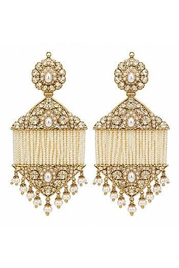 Gold Plated Pearl Tassel Strand Jadau Floral Dangler Earrings