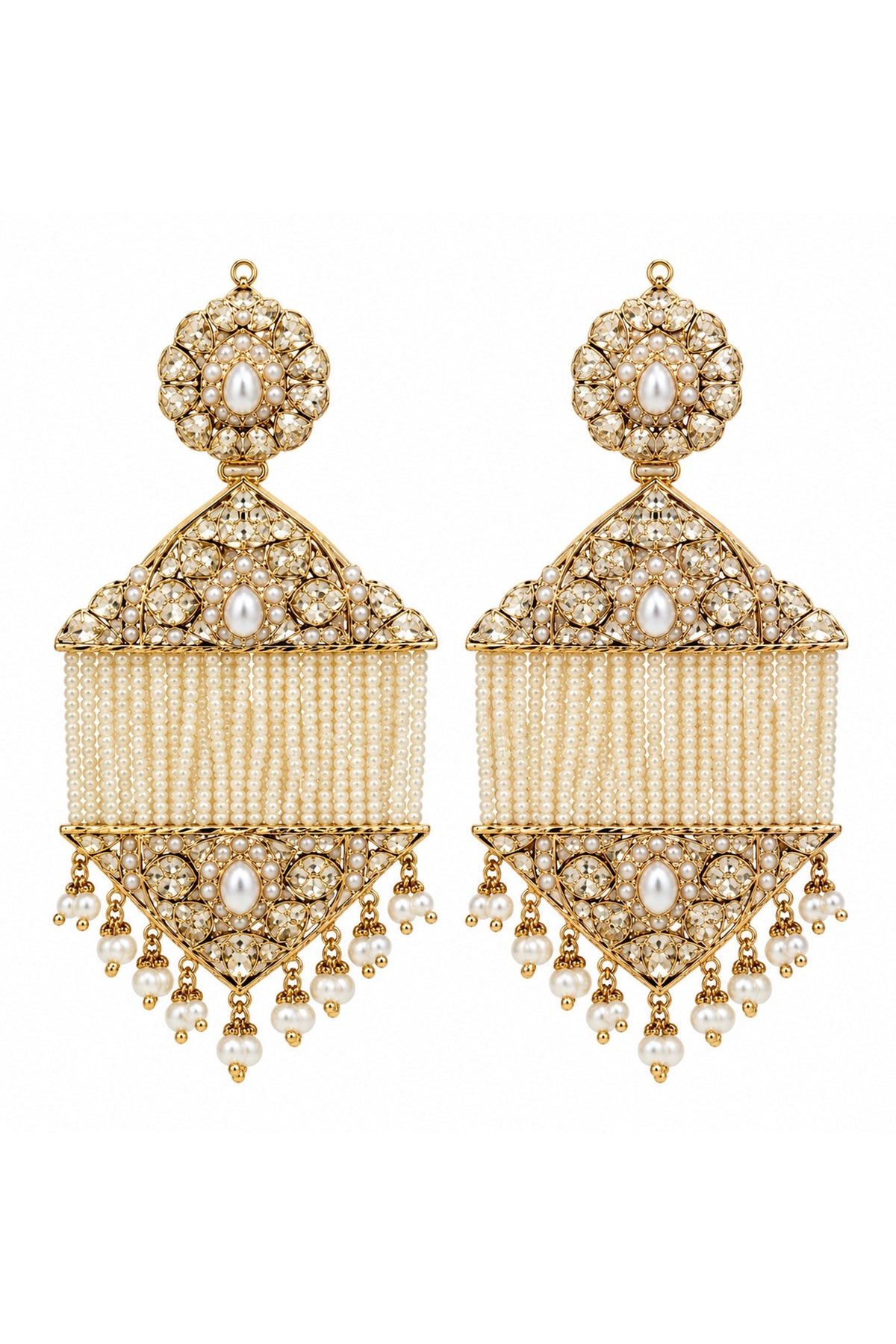 Gold Plated Pearl Tassel Strand Jadau Floral Dangler Earrings