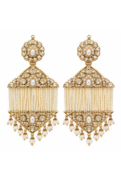 Gold Plated Pearl Tassel Strand Jadau Floral Dangler Earrings