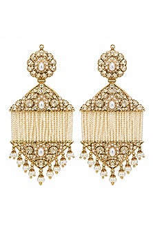 Gold Plated Pearl Tassel Strand Jadau Floral Dangler Earrings