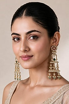 Gold Plated Kundan Polki & Emerald Green Stone Dangler Earrings