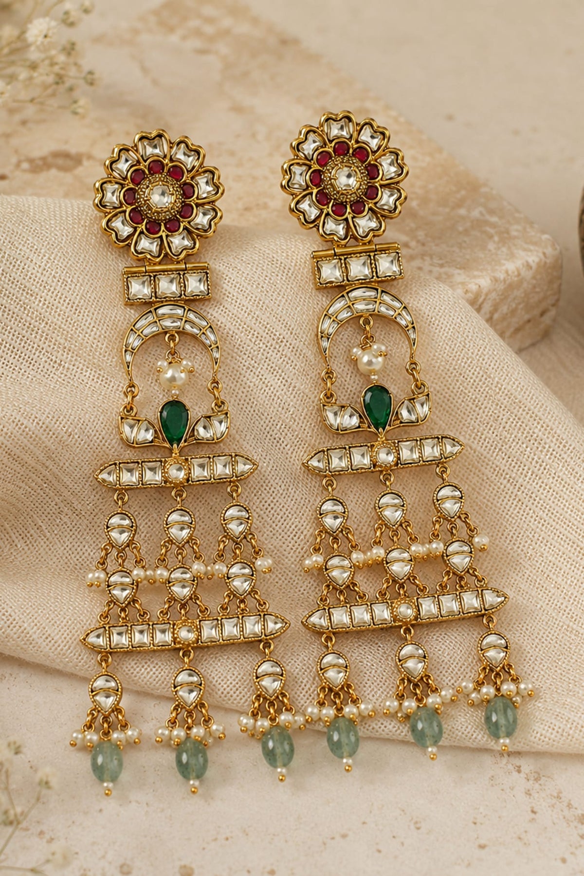 Gold Plated Kundan Polki & Emerald Green Stone Dangler Earrings