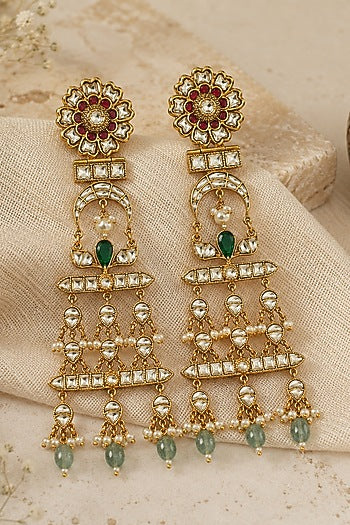 Gold Plated Kundan Polki & Emerald Green Stone Dangler Earrings