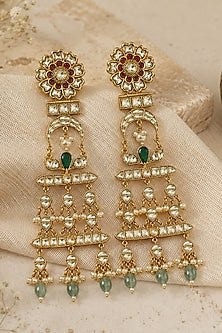 Gold Plated Kundan Polki & Emerald Green Stone Dangler Earrings