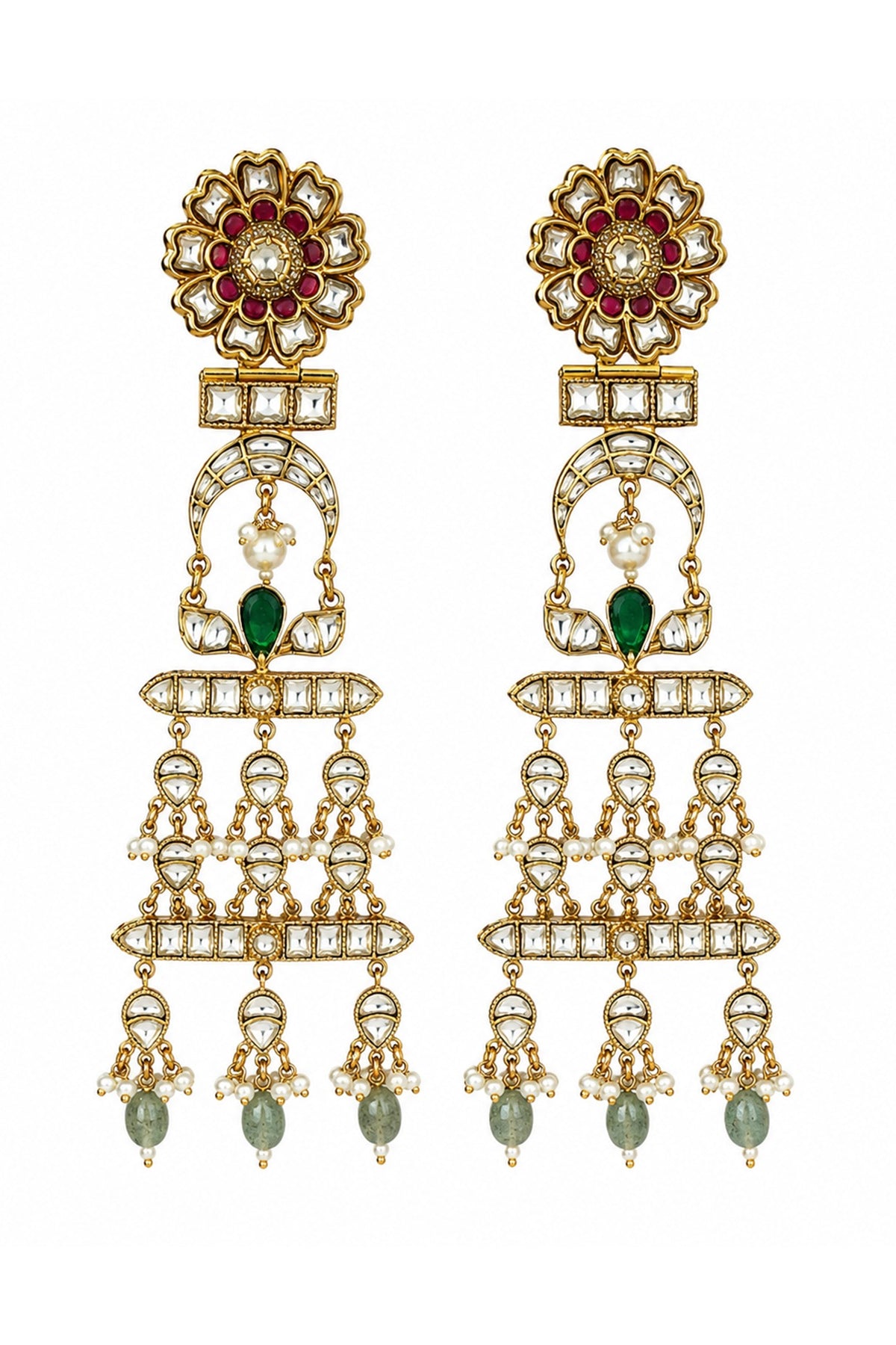 Gold Plated Kundan Polki & Emerald Green Stone Dangler Earrings