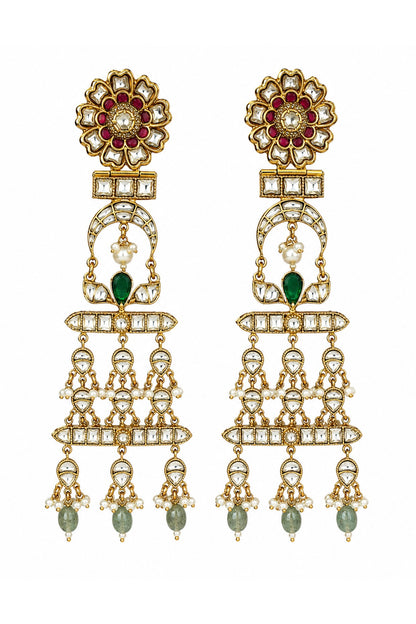 Gold Plated Kundan Polki & Emerald Green Stone Dangler Earrings