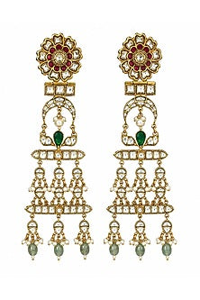 Gold Plated Kundan Polki & Emerald Green Stone Dangler Earrings