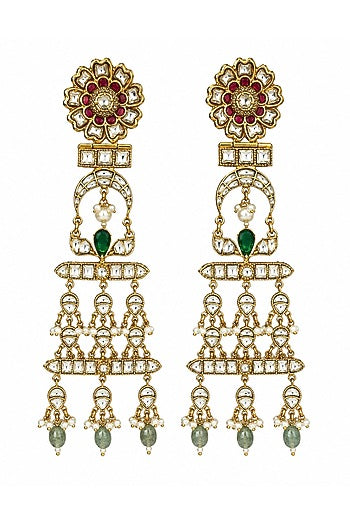 Gold Plated Kundan Polki & Emerald Green Stone Dangler Earrings