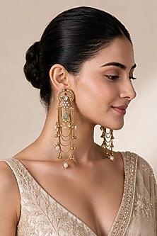 Gold Plated Kundan Polki & Pearl Dangler Earrings