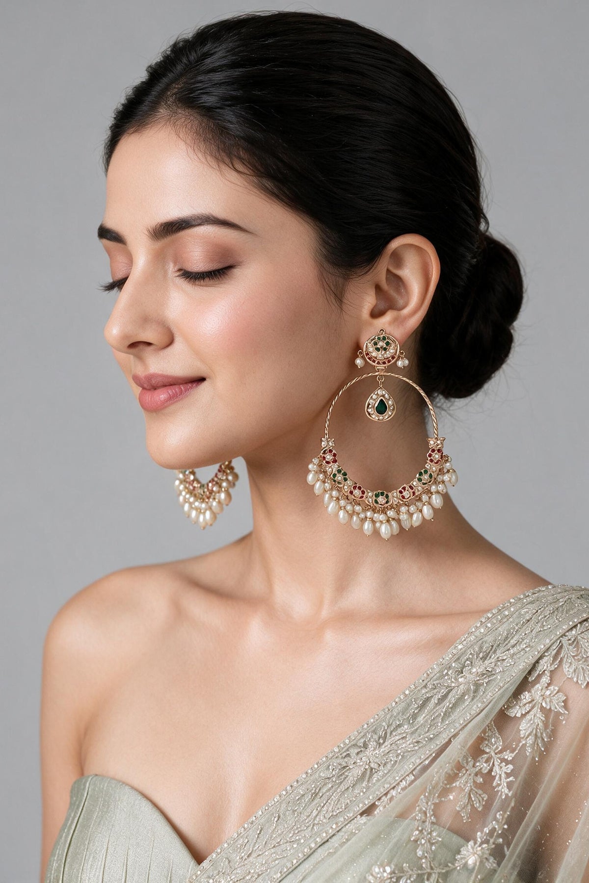 Gold Plated Green & Ruby Stone Jadau Floral Chandbali Earrings