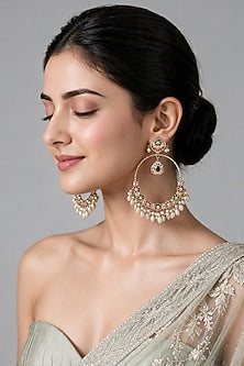 Gold Plated Green & Ruby Stone Jadau Floral Chandbali Earrings
