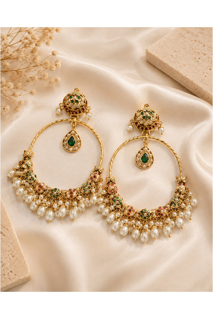 Gold Plated Green & Ruby Stone Jadau Floral Chandbali Earrings