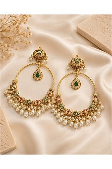 Gold Plated Green & Ruby Stone Jadau Floral Chandbali Earrings