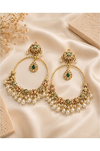 Gold Plated Green & Ruby Stone Jadau Floral Chandbali Earrings