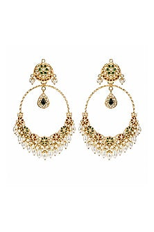 Gold Plated Green & Ruby Stone Jadau Floral Chandbali Earrings