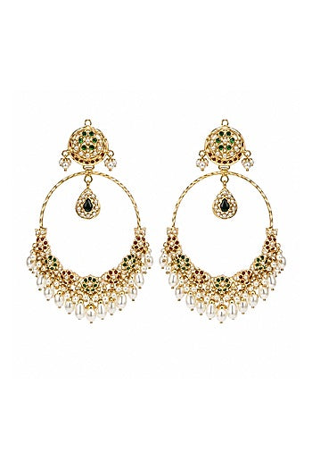 Gold Plated Green & Ruby Stone Jadau Floral Chandbali Earrings