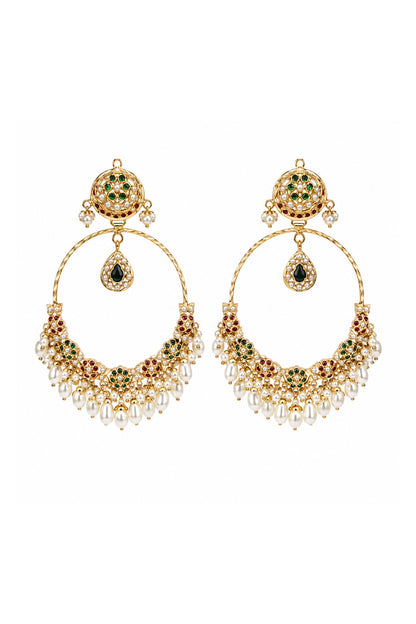 Gold Plated Green & Ruby Stone Jadau Floral Chandbali Earrings