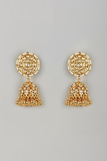 Gold Finish Kundan Polki & Pearl Jhumka Earrings
