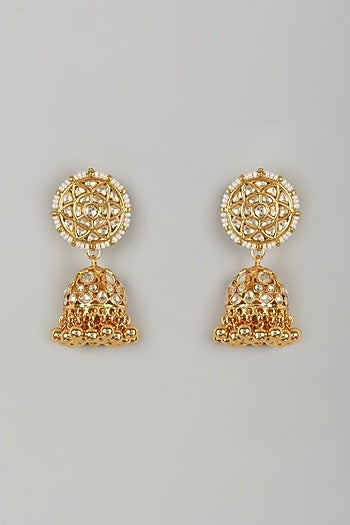 Gold Finish Kundan Polki & Pearl Jhumka Earrings