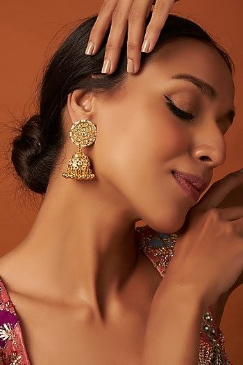 Gold Finish Kundan Polki & Pearl Jhumka Earrings