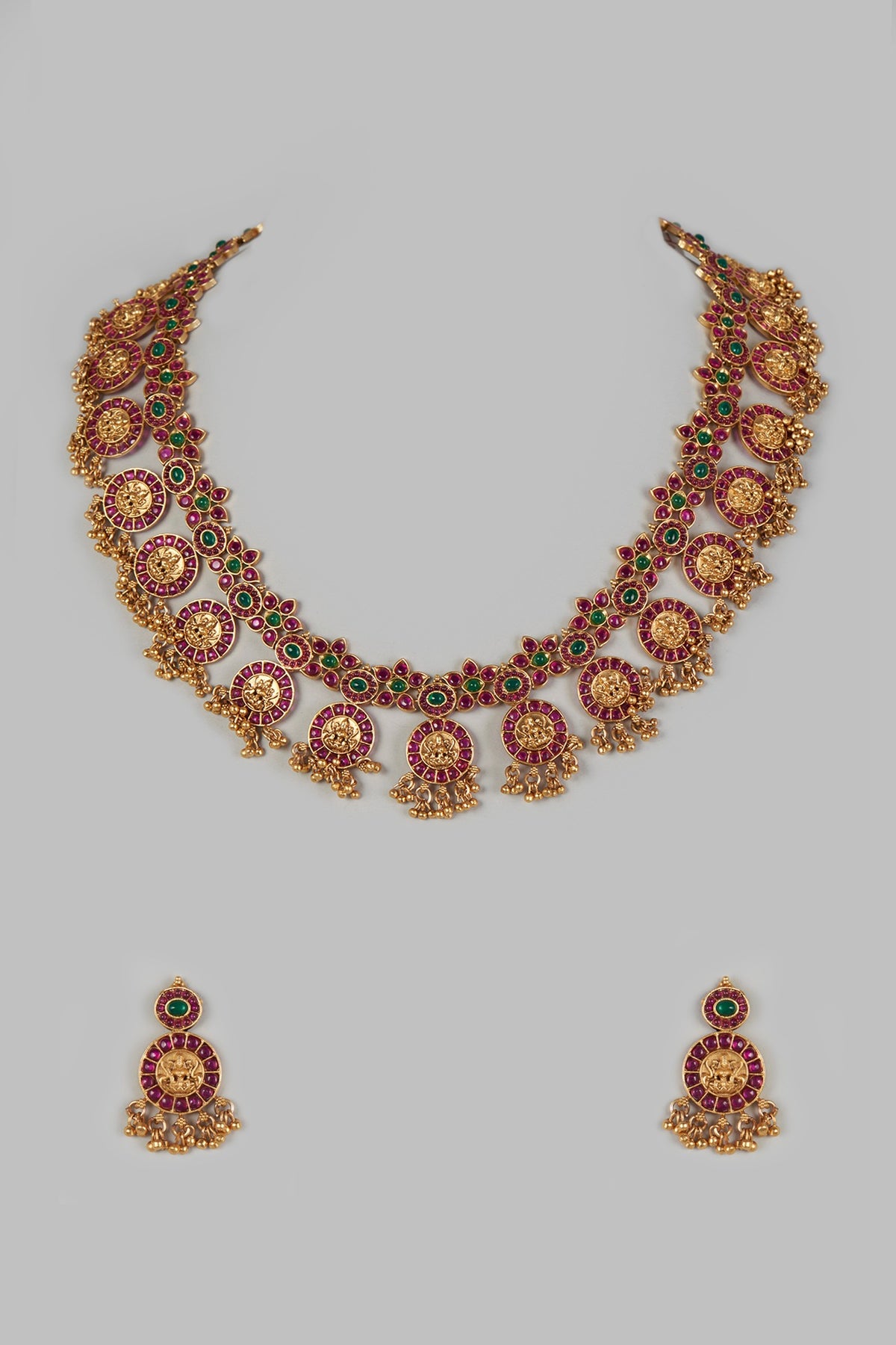 Gold Finish Ruby & Green Onyx Temple Necklace Set