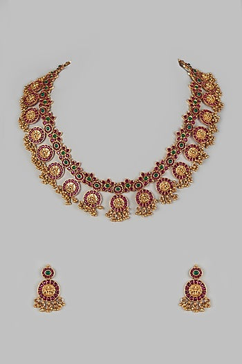 Gold Finish Ruby & Green Onyx Temple Necklace Set