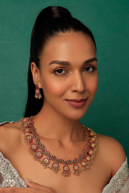 Gold Finish Ruby & Green Onyx Temple Necklace Set