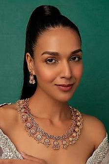 Gold Finish Ruby & Green Onyx Temple Necklace Set