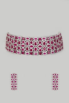 White Finish Ruby & Zircons Choker Necklace Set