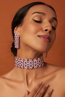 White Finish Ruby & Zircons Choker Necklace Set