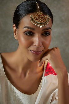 Gold Finish Green Kundan Polki Enameled Maangtikka