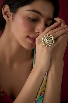 Gold Finish Kundan Polki & Pearl Ring