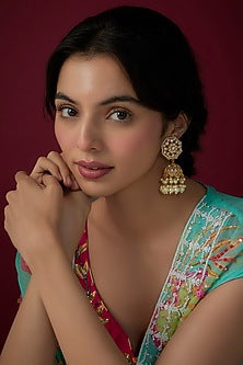 Gold Finish Kundan Polki & Pearl Jhumka Earrings