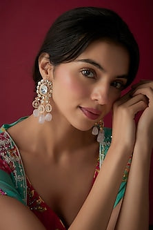 Gold Finish Pink Kundan Pollki & Beaded Dangler Earrings