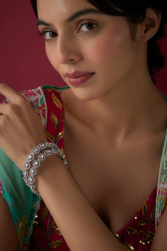 White Finish Zircon Bangles (Set Of 2)