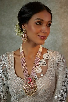 Gold Finish Kundan Polki & Rose Quartz Long Necklace Set